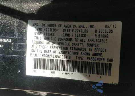 2015 Honda Accord Lx from USA, damaged, VIN 1HGCR2F3XFA195416